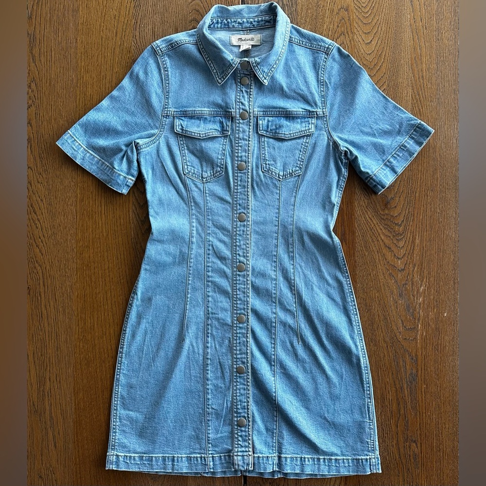 Madewell Denim Seamed Mini Shirtdress in Palermo Wash Light Blue Dress Casual - Picture 2 of 14